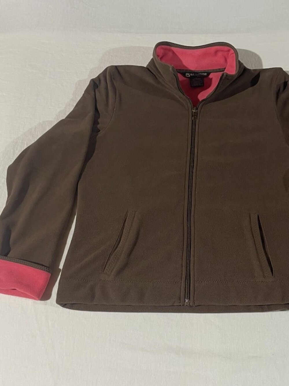 BC Clothing Fleece Jacket L Brown Pink Contrast Trim Full Zip Cozy Warm